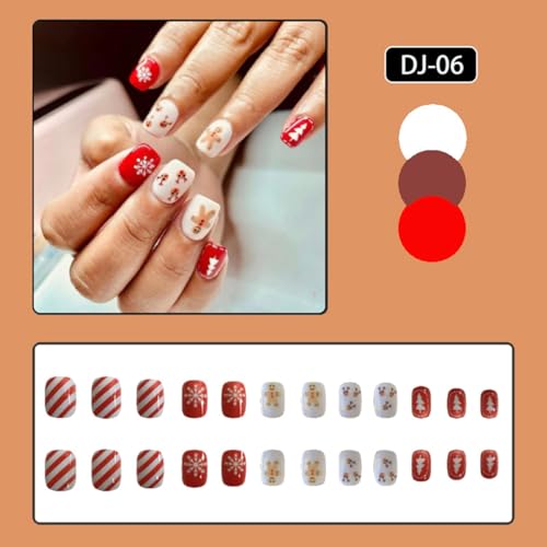 24Pcs Christmas Press on Nails Short Square Elk Fake Nails Full Cover Coffin Acrylic Nails Christmas Glue on nails with White Snowflakes Design Artificial False Nails for Women New Year Manicure Decor