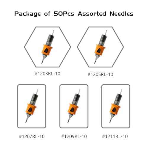 BIGWASP Energy Tattoo Cartridge Needles 50pcs Assorted Finger Ledge Tattoo Needle Round Liner 0.35mm Mixed #12 Standard RL (3RL 5RL 7RL 9RL 11RL) for Rotary Tattoo Machine