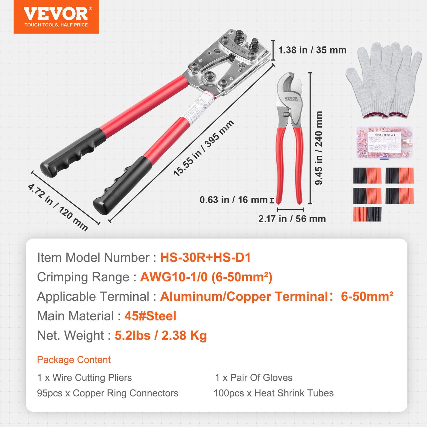 Crimping Tool Kit with 6 Die Sizes, Copper Ring Connectors & Heat Shrink Tubes