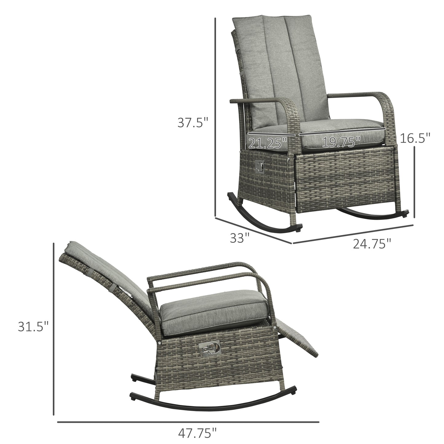 Gray PE Rattan Rocking Recliner with Adjustable Footrest