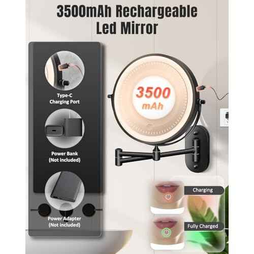 30X/1X Wall Mounted Lighted Makeup Mirror, 8'' Double Sided Rechargeable Magnifying Bathroom Mirror with Light, 3 Color Lights Touch Dimmable Extended Arm 360 Rotation Light up Mirrors
