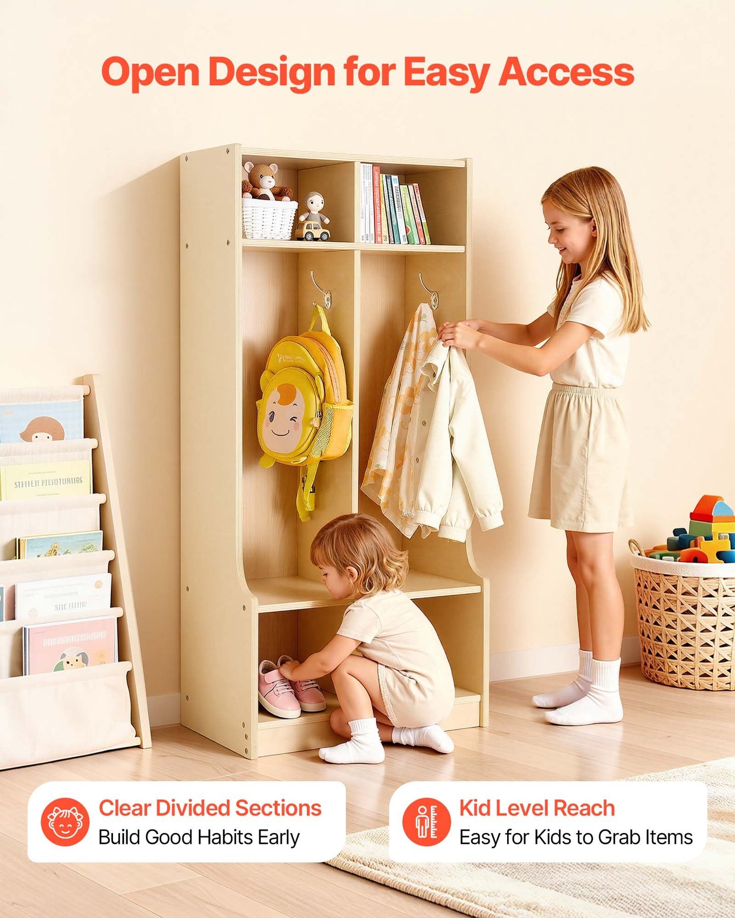 Kids Wooden Coat Locker with Hooks & Storage Cubes - Toddler Organizer, Natural Finish