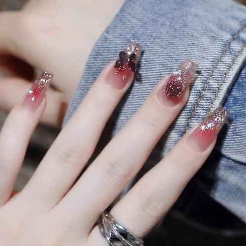 24Pcs Medium Press on Nails Coffin Handmade Fake Nails 3D Rose Butterfly Nail Germs Shiny Luxury False Nail Full Cover Acrylic Glue on Nails for Women