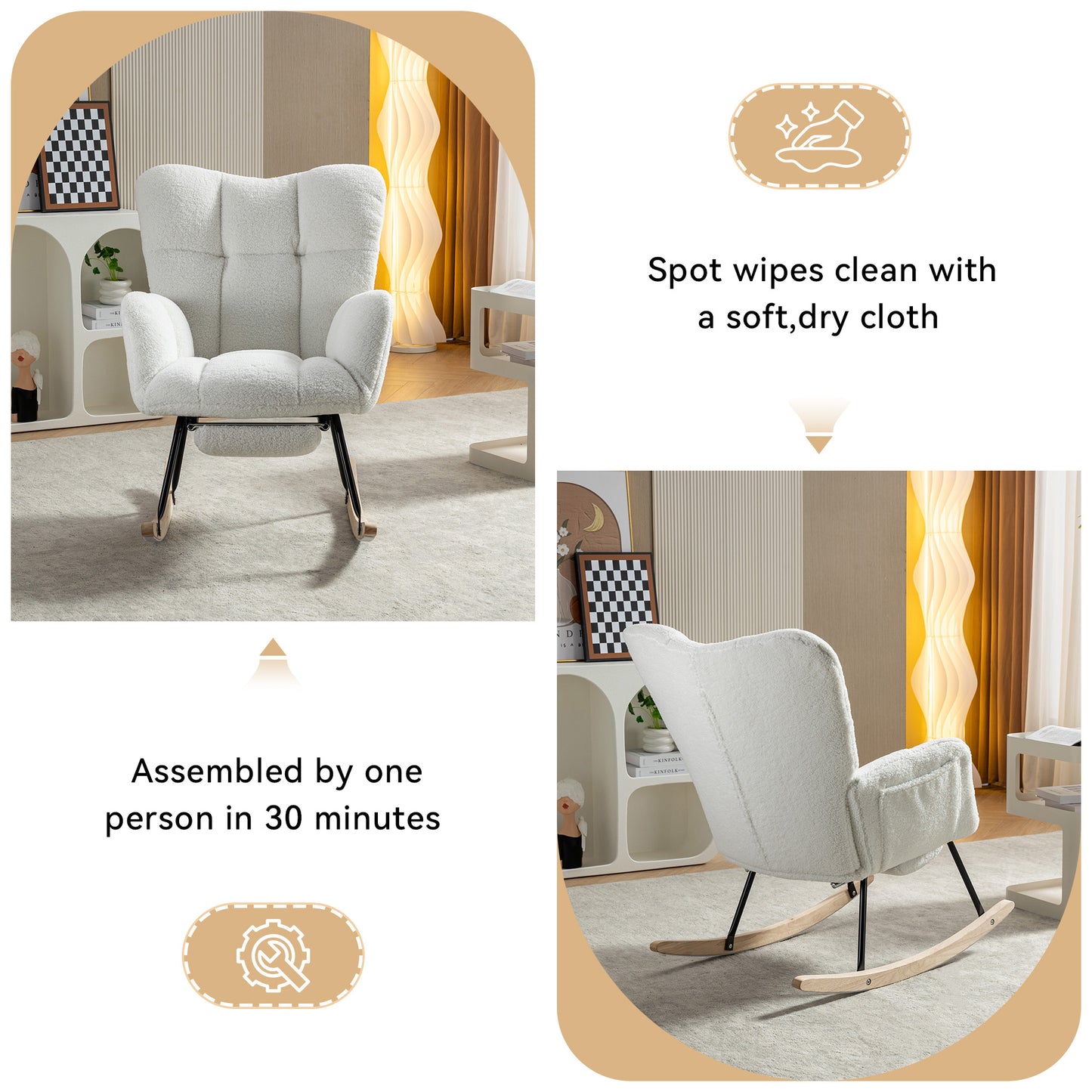 Teddy Fabric Nursery Rocking Chair with Adjustable Footstool - Ivory