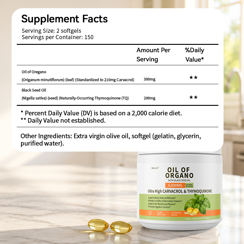 Oregano Oil & Black Seed Oil Softgels - 6000mg Equivalent - 300 Capsules