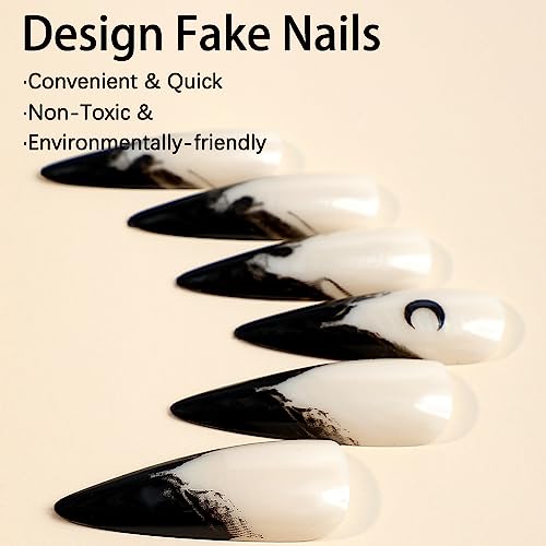 Halloween Press on Nails Stiletto Fake Nails with Night Moon Designs Stick on Nails Full Cover Black Halo Staining Artificial Nails Dark Glossy Glue on Nails for Women Girls 24PCS
