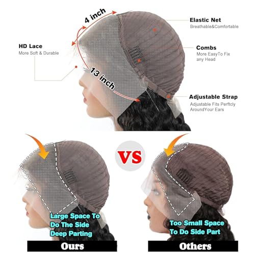 13x4 Glueless Lace Front Wet and Wavy Human Hair Wig 250% Density Natural Black 16 Inch