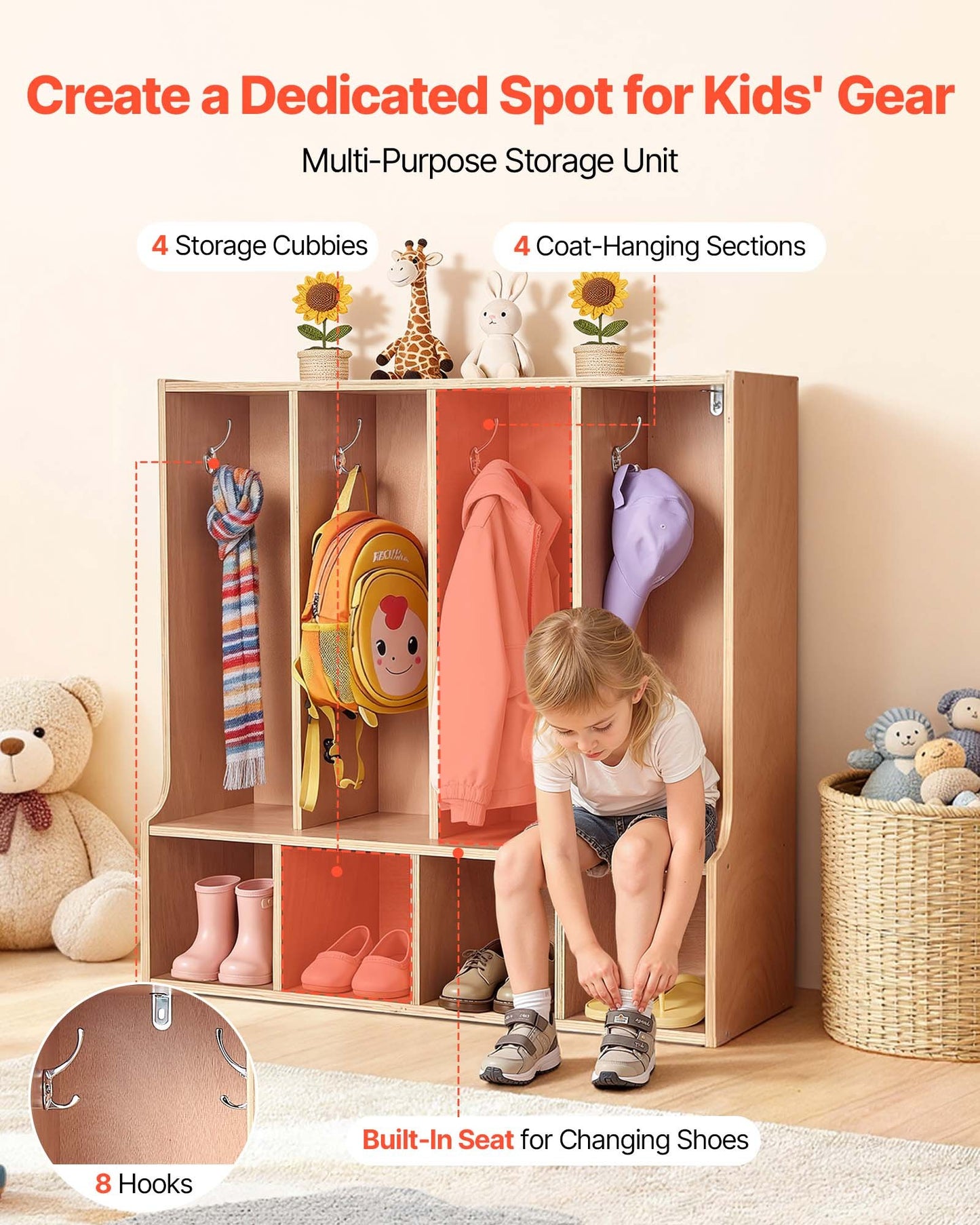 Kids Wooden Coat Locker with Hooks and Storage Cubes - Toddler Organizer, Natural Finish