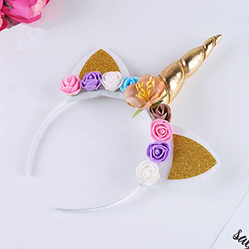 5PCS Glitter Unicorn Horn Headband, Flower Ears Unicorn Headbands for Girls, Birthday Unicorn Party Supplies, Cosplay Costume