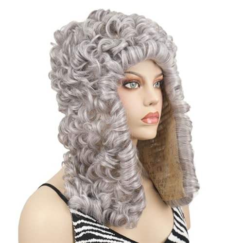 Aimole Curly Grey Judge Lawyer Wig Synthetic Long Wigs for Men Colonial Barristers Wig Halloween Cosplay Christmas Party Costume Hair (#53)