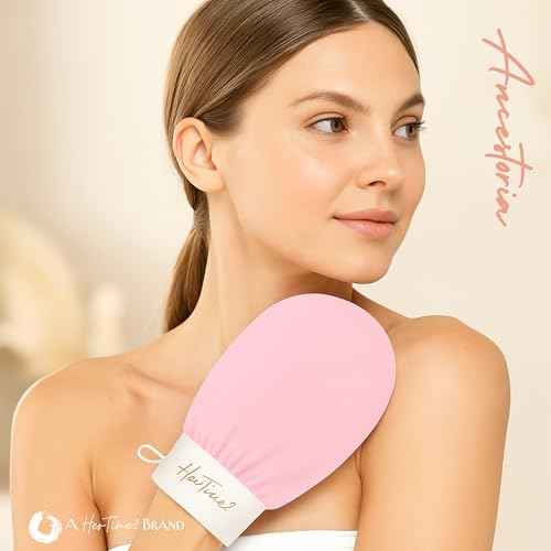 Ancestoria Korean Exfoliating Gloves for Shower, Pink and Black, 2-Pack, Deep Exfoliating Mitts for Body, Reusable and Chemical-Free, A HerTime2 Brand