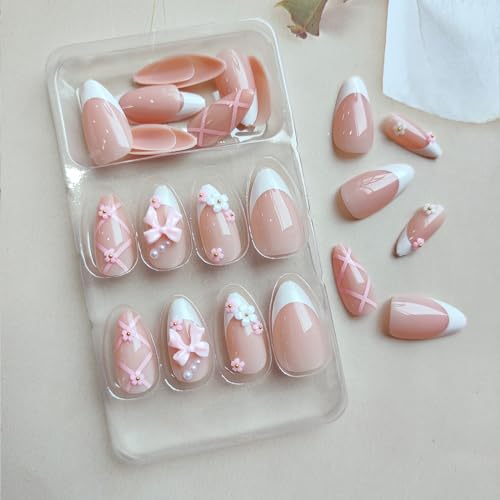 Almond Press on Nails White French Tip Fake Nails 3D Flower Pink Bow Nail Designs Luxury Acrylic Artificial Nails Full Cover False Nails French Natural Fit Stick on Nails for Women 24Pcs