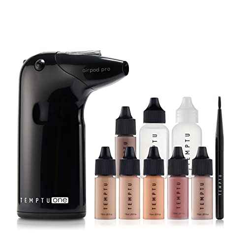 TEMPTU One Airbrush Make-up Kit with Cordless Compressor, 6 Shades: 11-Piece Set, Portable Air Brush Machine & Airpod Pro, 3 Shades of Foundation, Blush, Bronzer, Instant Concealer, Perfect Complexion