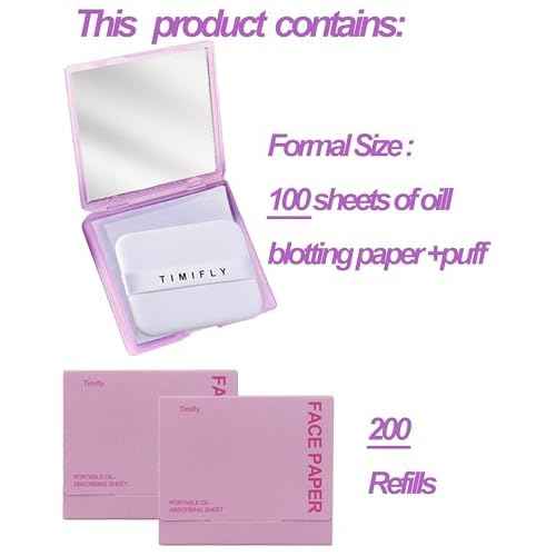 Oil Blotting Paper - 300 Sheets w/Mirror, Puff & Refills, Absorbs Excess Face Oil, Controls Shine, Gentle for Makeup Use