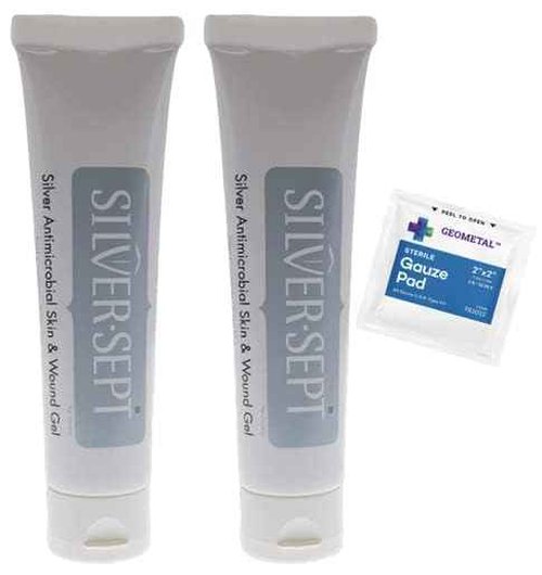 Silver-Sept 3 oz (Pack of 2) Silver Skin and Wound Gel | Silversept Tube for Foot and Leg Treatment, Silver Cream for Scar Care and GeoMetal™ Gauze Pad