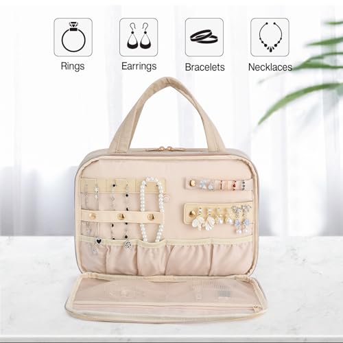 Hanke Hanging Travel Toiletry Bag for Women with Jewelry Organizer Compartment, Travel Essentials Toiletries and Makeup Bag, Water-Resistant & Stain-Resistant with Trolley Strap (Apricot)