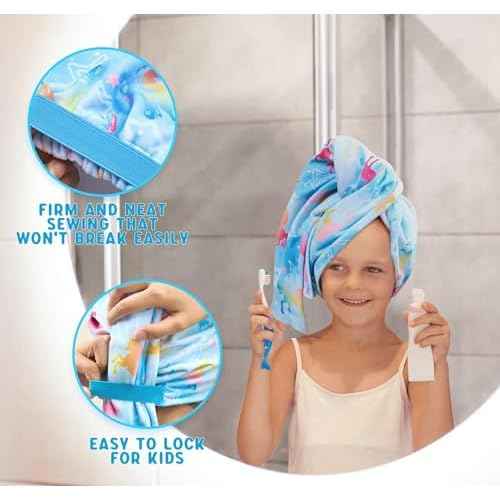 WAWSAM 2 Pack Kids Hair Drying Towel Wrap - Microfiber Hair Towel for Girls, Quick Dry Hair Cap with Button & Elastic Loop(Pink&Blue)