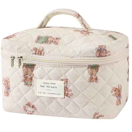 Large Makeup Bag, Cute Cosmetic Bag for Women Girls, Floral Coquette Aesthetic Toiletry Bag, Travel Make Up Organizer Bag (White-Bear)