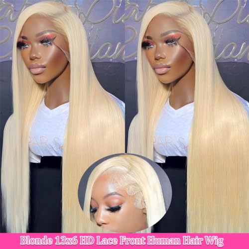 26 Inch 613 Lace Front Wig Human Hair Blonde 13X6 HD Transparent Lace Front Wigs Human Hair 180% Density Blonde Glueless Wigs 613 HD Straight Lace Frontal Wig Pre Plucked