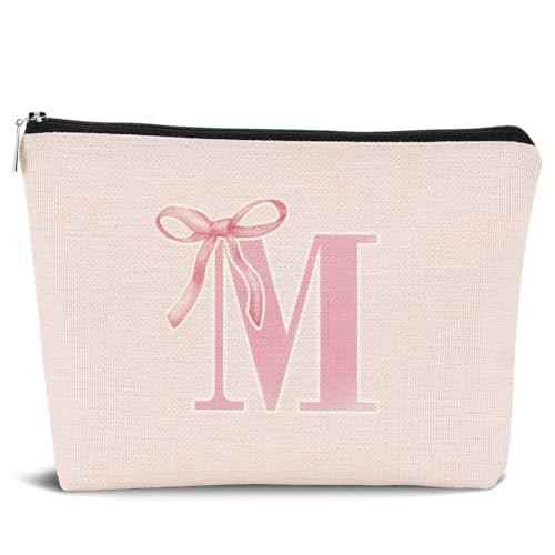 Initial Coquette Pink Bow Custom Makeup Bag,initial M Personalized Teen Girl Gifts,Trendy Preppy Cute Monogrammed Gifts Girly Makeup Pouch Zipper Pouch for Women Teen Girl