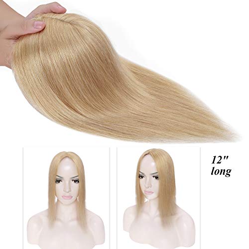 S-noilite Silk Base Topper Clip in Human Hair Piece Toupee Top Hair Extensions Silk Topper for Women Replacement for Slight Hair Loss Thinning Hair 130% Density (10"-35g,#24 Natural Blonde)