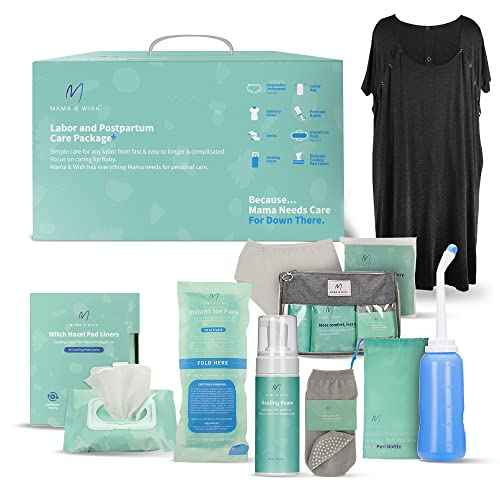 Mama & Wish¢ç Postpartum Essentials Kit (14-Piece) - Includes Hospital Post Partum Essentials for Women After Birth, Labor and Delivery Gown, Peri Bottle, Witch Hazel Foam, Pad Liners & More!