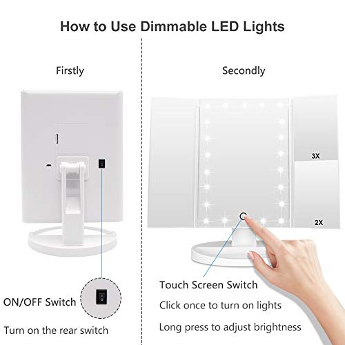 WEILY Makeup Mirror with 21 LED Lights,Two Power Supply Modes, Adjustable Touch Screen and 1x/2x/3x Magnification Tri-Fold Vanity Mirror,Chargeable Travel Cosmetic Mirror for Desktop(White)