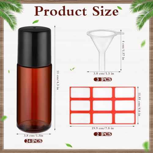 Sumind 24 Pcs 50ml Essential Oil Roller Bottles Glass Roller Deodorant Bottle Brown Roller Ball Container Empty Refillable Rollerball Bottle with Stainless Steel Roller Balls, Funnel and Sticker