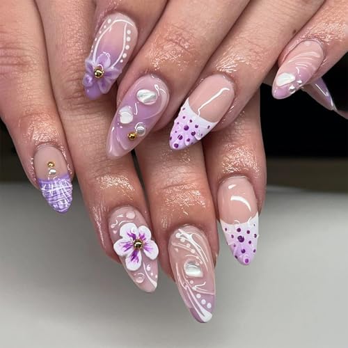 24Pcs French Tip Press on Nails Almond Medium Flower Fake Nails Purple Gradient False Nails with 3D Flowers Pearl Nail Designs Luxury Glue on Nails Acrylic Artificial Nails for Women