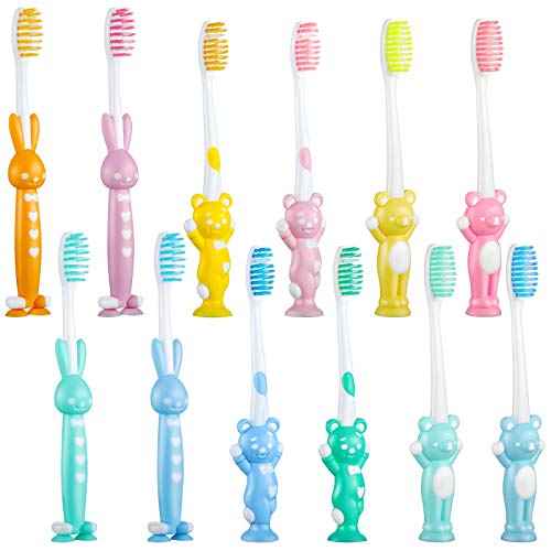 Patelai 12 Pcs Toddler Toothbrush for Age 2 up, Kids Toothbrush Set with Covers, Soft Children Manual Brushes Bulk with Suction Cup for Upright Storage, Rabbits and Bears Brushes for Travel