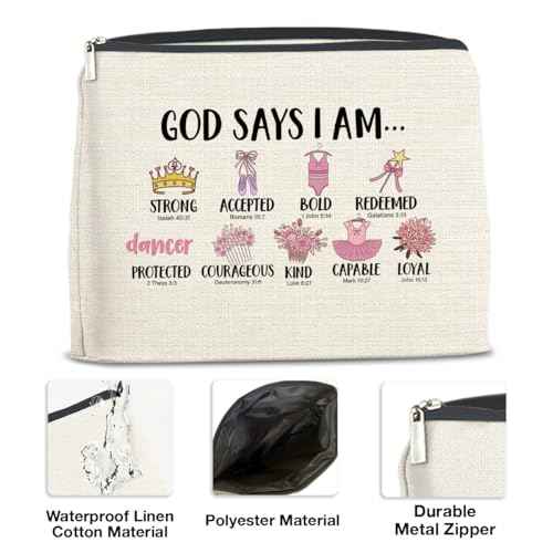 Inspirational Christian Gifts for Girls Her, Religious Gifts Motivational Dancer Ballerina Girls Makeup Bag, God Says I Am Dancer Cosmetic Bag Makeup Pouch