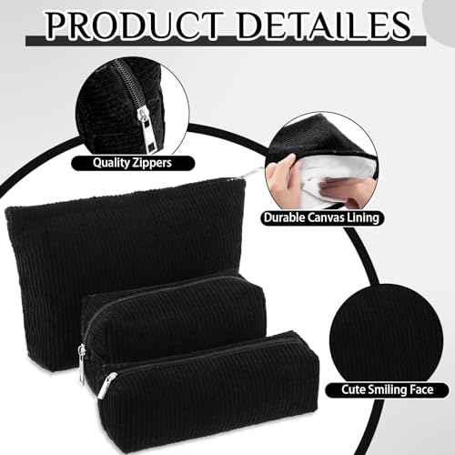3 Pcs Makeup Bag Set for Women Corduroy Cosmetic Pouch Aesthetic Smile Travel Toiletry Bag Cute Purse Pouch Pencil Case Makeup Brushes Storage Organizer for Christmas(Black,Solid Style)