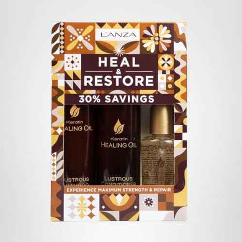 L'ANZA Keratin Healing Oil Trio Hair Kit, Restorative Lustrous Shampoo, Conditioner & Keratin Oil Treatment Serum in a Gift Box, Luxury Hair Care Kit For Dry, Damaged Locks (10.1/8.5/3.4 Fl Oz)