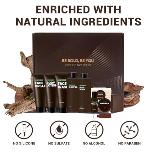 Rinse & Robust Beard Kit for Men, Sandalwood Beard Care Kit for Him Beard Oil Gift Baskets, Body Lotion, Beard Balm, Body Wash, Christmas Gifts for Men Dad Boyfriend Husband Valentines Birthday