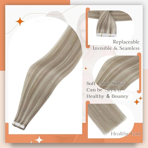 Full Shine Tape in Human Hair Extensions 24 Inch Real Human Hair Tape in Extensions 50 Gram Seamless Hair Extensions 20pcs Ash Blonde Highlights Bleach Blonde Skin Weft Double Side Brazilian Hair