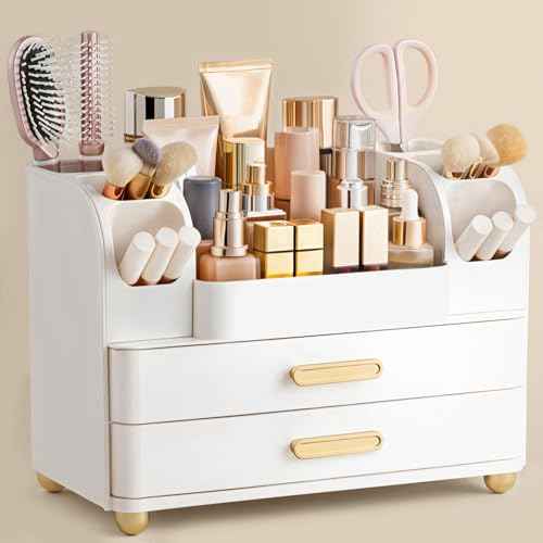HBlife Makeup Organizer for Vanity with Brush Holder, Large Bathroom Countertop Cosmetic Organizer Skin Care Storage, Easy to Store Lipsticks, Nail Polishes, Perfumes, Eyeshadow Palettes, All White