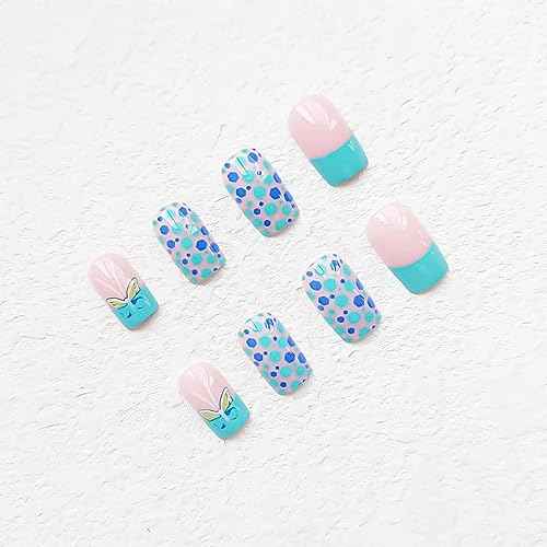 24pcs Square Press on Nails - Glossy Glue on Nails, Green French Tip Acrylic Nails with Butterfly Design False Nails for Women's Manicure