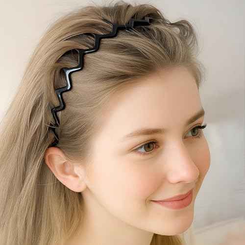 2 Pack Plastic Zig Zag Headbands with Teeth, Wavy Hair Comb Headband Hoop, Non-Slip Grip, Classic 90s Fashion Accessory for Women and Men£¨Black and Brown£©