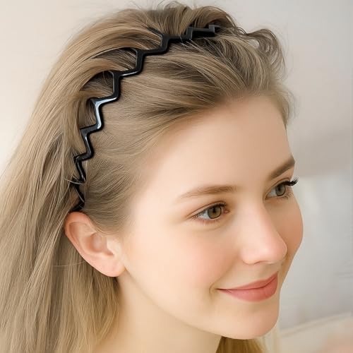 2 Pack Plastic Zig Zag Headbands with Teeth, Wavy Hair Comb Headband Hoop, Non-Slip Grip, Classic 90s Fashion Accessory for Women and Men£¨Black and Brown£©