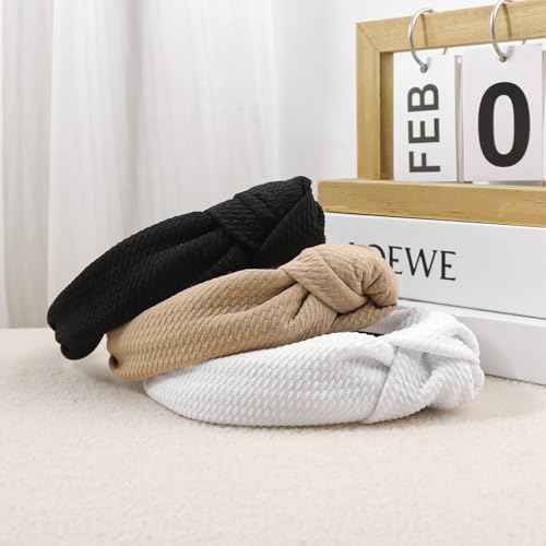 YanJie Knotted Headbands for Women and Girls Non Slip Hair Band Wide Bow Headband Fashion Waffle Head Band Hair Accessories Black and White 3PCS