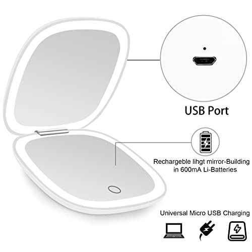 deweisn Compact Mirror, Lighted Travel Makeup Mirror with 1X/10X Magnifying Double Sided Dimmable Portable Pocket for Handbag and Pocket, USB Charging(White)