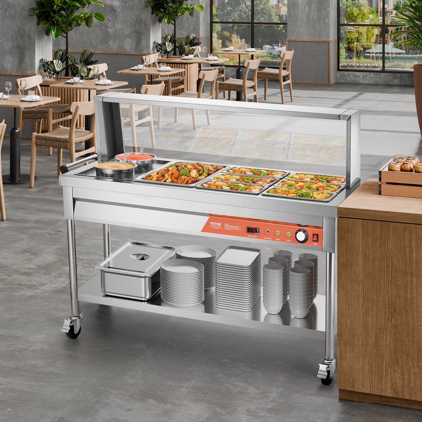 Commercial Food Warmer Steam Table with 7 Pans and 2 Pots - Silver