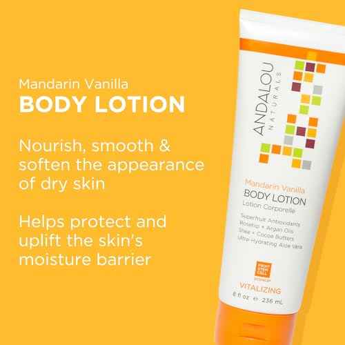 Andalou Naturals Vitalizing Body Lotion Mandarin Vanilla - Hydrating Daily Moisturizer to Nourish Dry Skin - With Shea Butter, Cocoa Butter, Rose Hip Oil, Argan Oil, & Aloe Vera - 8 fl oz
