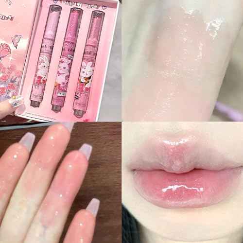 Jelly Lipstick,3 Colors Tinted Lip Stain Heart Mirror Lip Gloss,Hydrating Jelly Lipstick Long Lasting Moisturizing Tinted Lip Glaze,Non-sticky,Vivid Color Glossy Lip Makeup (B, Large)