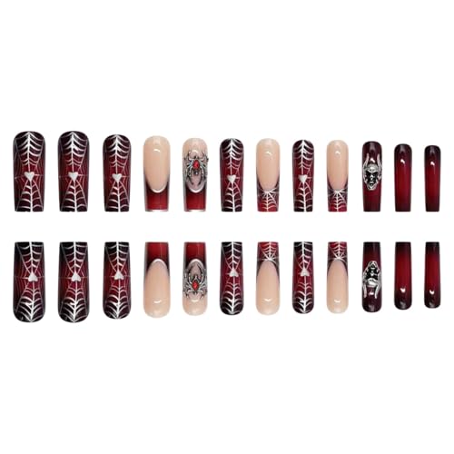 Halloween Square Press on Nails Long Wine Red Fake Nails with 3D Spider Skull Designs Glossy French Tip Glue on Nails Full Cover Halloween Stick on Nails Medium Artificial Nails for Women, 24Pcs