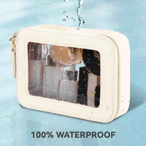 Prite Clear Makeup Bag Cosmetic Organizer Case Waterproof Travel Toiletry Bag Skincare Pouch with Golden Zipper(Beige)
