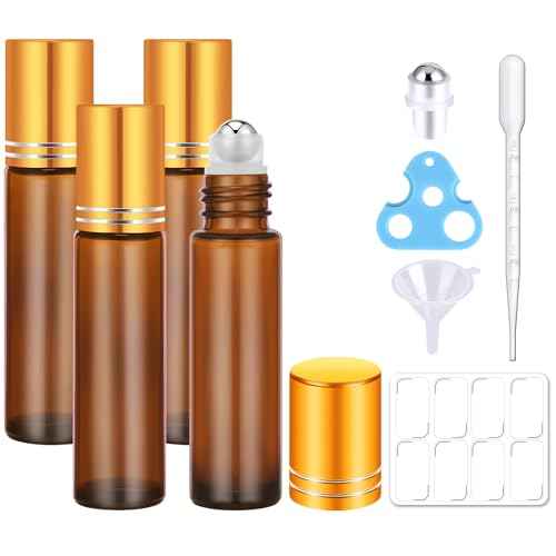 4 Pack, 10 ml Roller Bottles for Essential Oils, Leak-Proof Glass Roller Ball Applicator, Refillable Roll on Bottles with Opener & Labels for Perfume & DIY Skincare