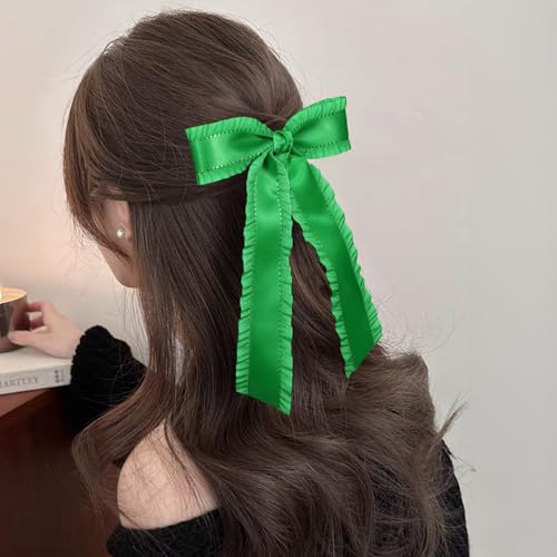 Green Hair Bow Clips for Women Girls 5.5 in Big Silky Ruffle Satin Hair Ribbon Bow-Knot Alligator Barrettes Hairpins Early Spring St Patricks Day Dress Decor Accessories Gift