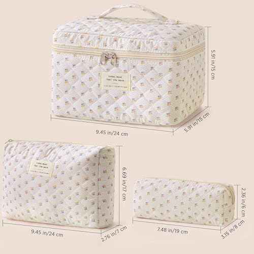 HBselect Quilted Makeup Bag, 3PCS Cotton Large Travel Makeup Bag, Cute Floral Coquette Make up Bag Cosmetic Bag Toiletry Bag for Women Girls