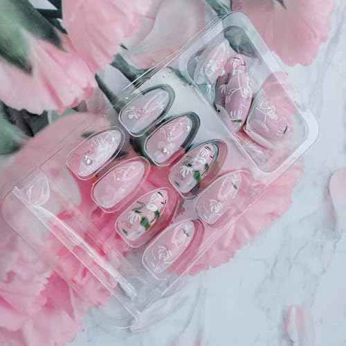24Pcs Floral Almond Press on Nails Short Light Pink Fake Nails Cute French Nails Press ons Flower Full Cover Stick on Nails Almond Shape False Nails Tip Pearl Nails for Women Daily Wear Manicure Kit